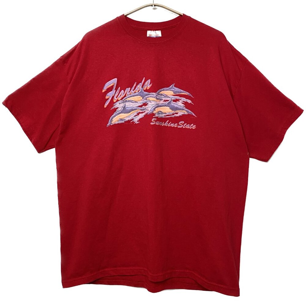 Vintage Y2K Florida Souvenir T-Shirt Men XL Red Graphic Dolphins Nature Animals